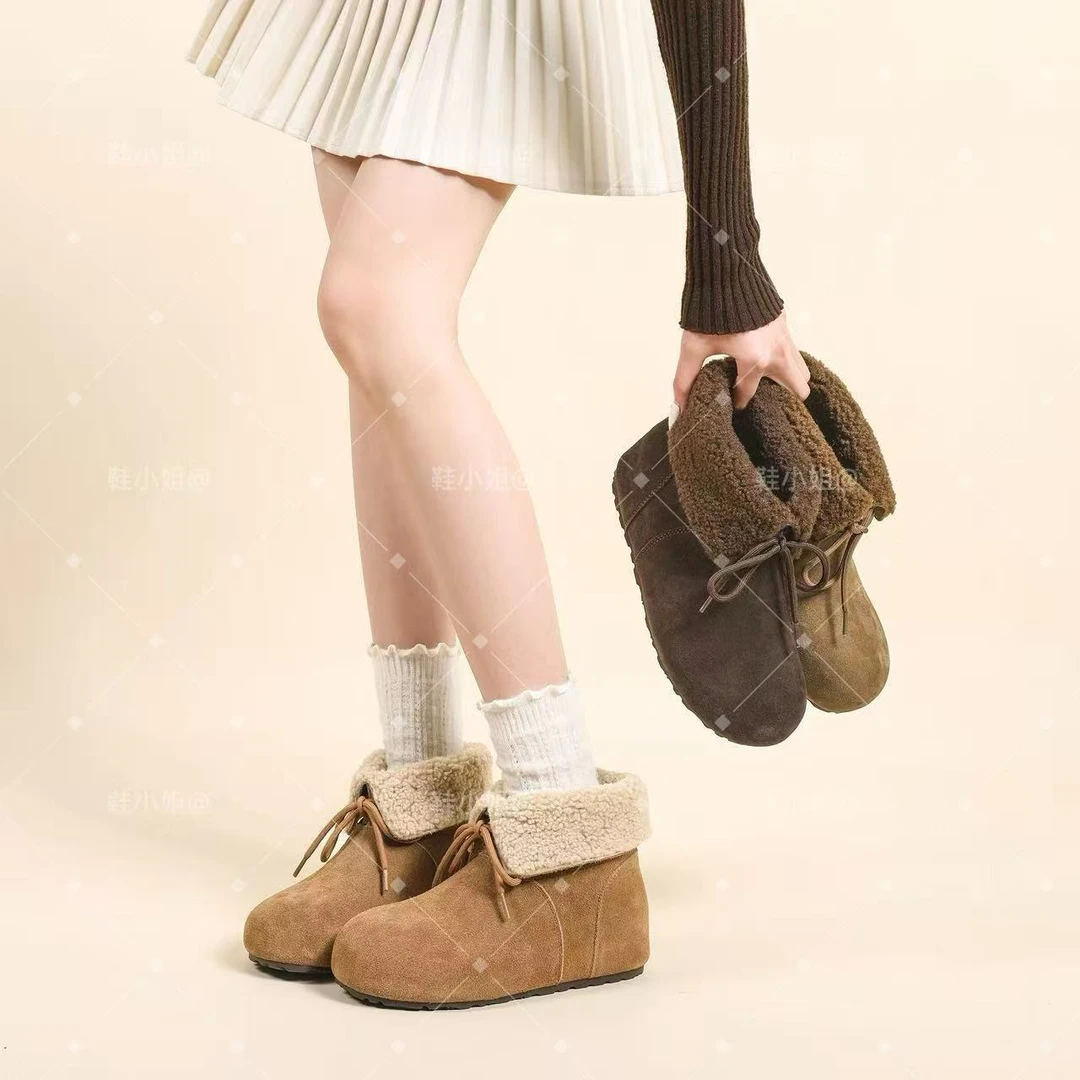 5CM内增高勃肯靴加绒时尚翻边雪地靴女2025新款冬季保暖系带棉靴