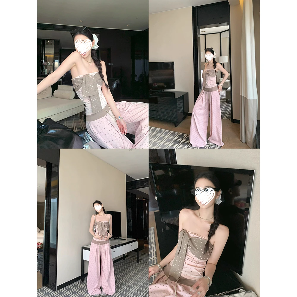 蝴蝶结波点抹胸背心上衣+休闲阔腿裤  60520