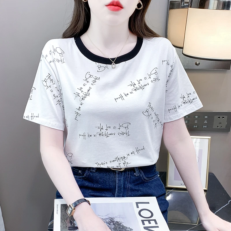 时尚白色短袖t恤女气质新款夏季时尚洋气减龄宽松显瘦上衣体桖女