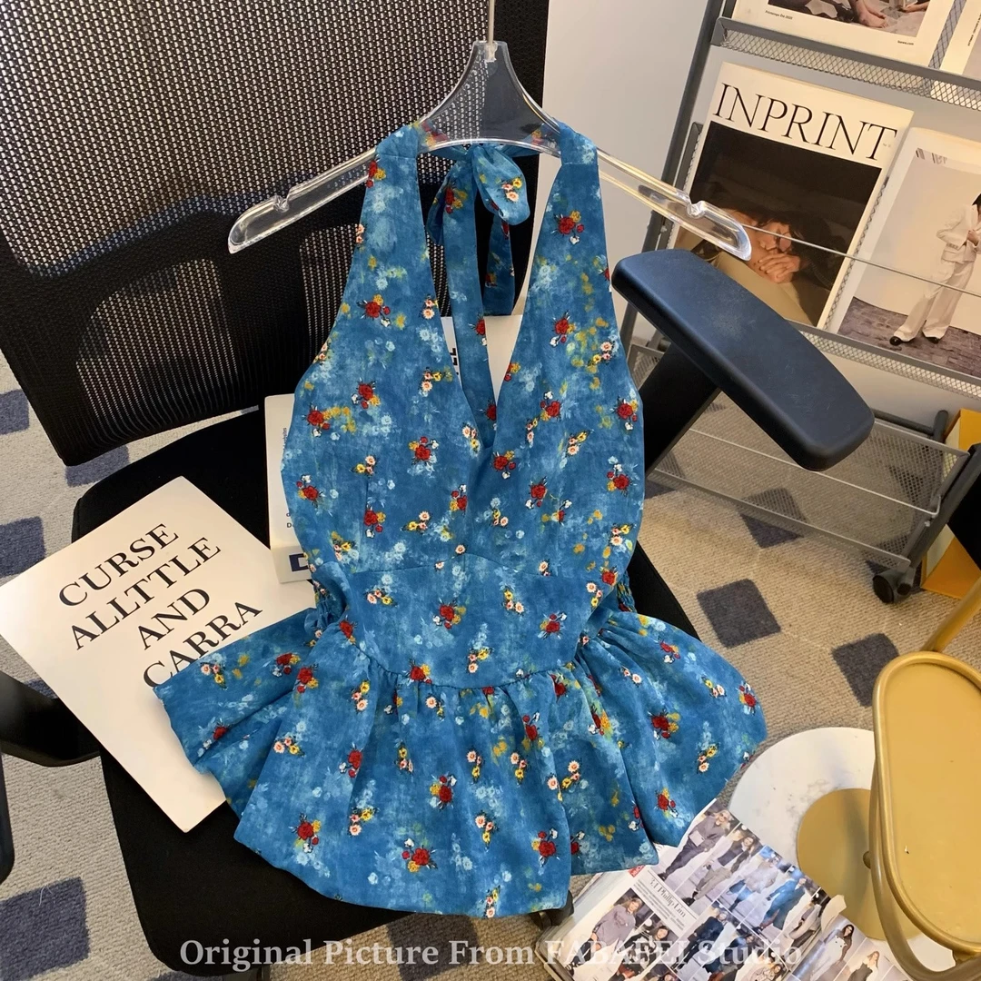 固质高端南油女装夏日多巴胺碎花挂脖背心夏海边度假风花苞短裙