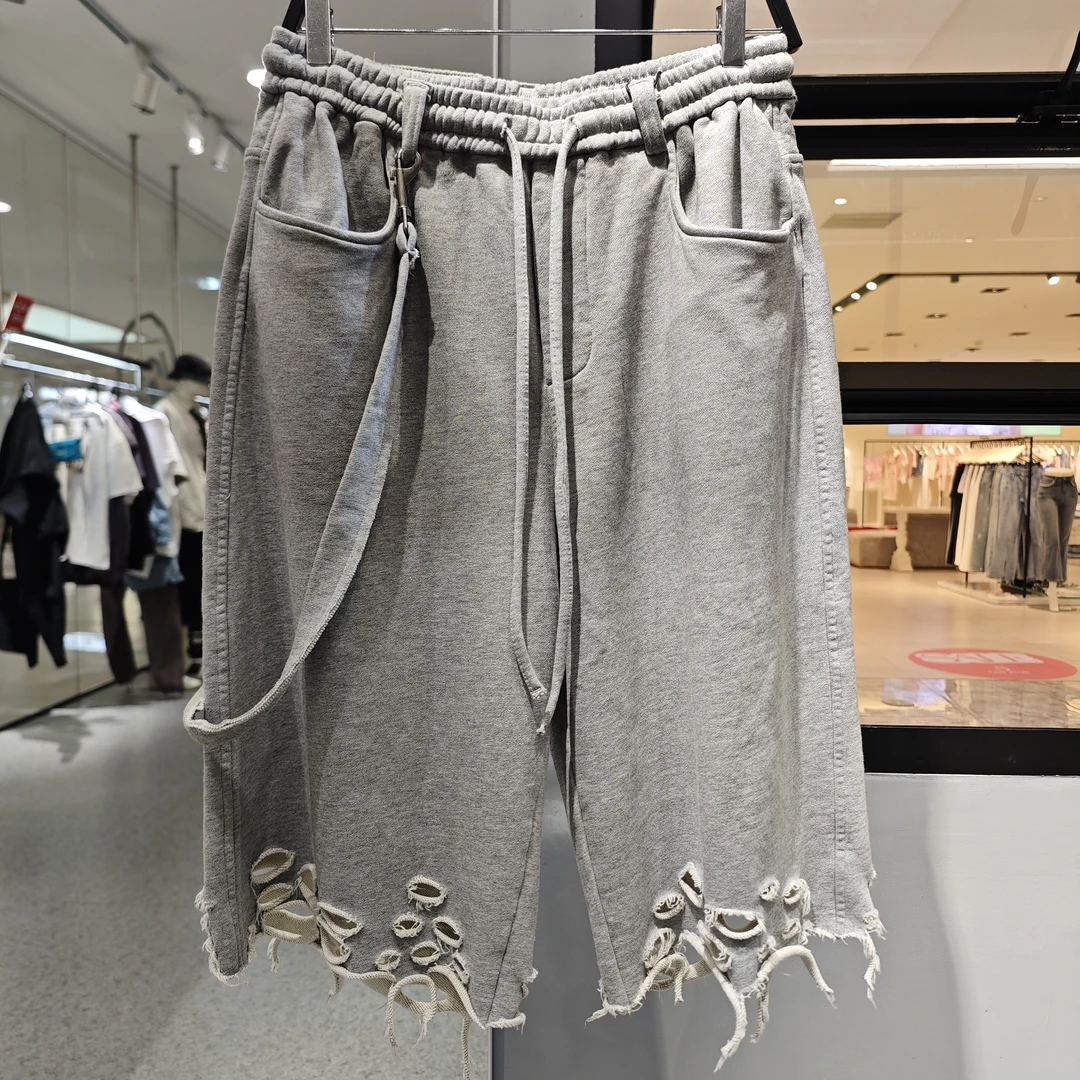 10917 七分裤中性风男女同款破洞洗水做旧复古棉毛圈针织中裤