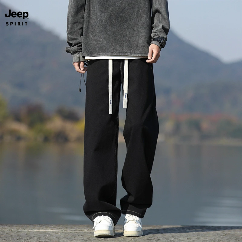 JEEPSPIRIT直筒牛仔裤男款四季潮牌美式高街阔腿裤拼接休闲长裤