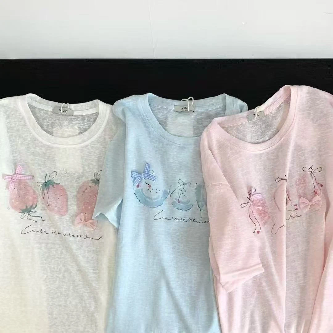 158的小肥 | '草莓立体蝴蝶结'泡菜国雪花亚麻水果T恤