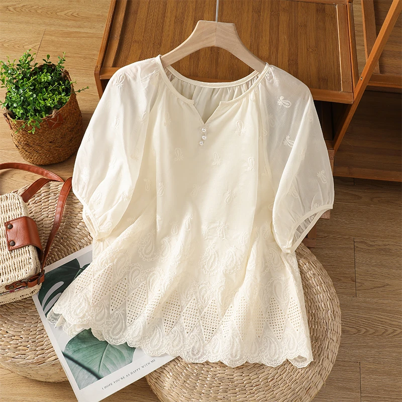 衬衫女内衬夏季短袖法式宽松洋气蕾丝边刺绣莱赛尔上衣