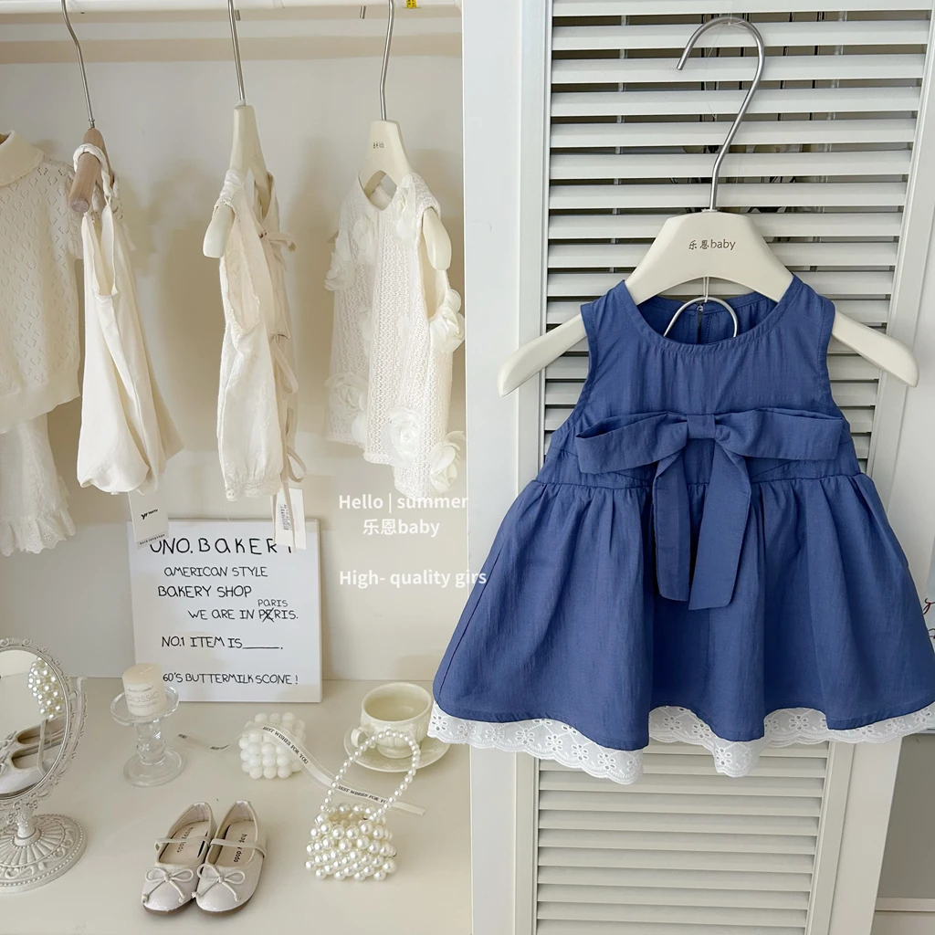 【乐恩baby】女童夏季蓝色高级蝴蝶结背心裙时髦宝宝洋气公主连衣裙