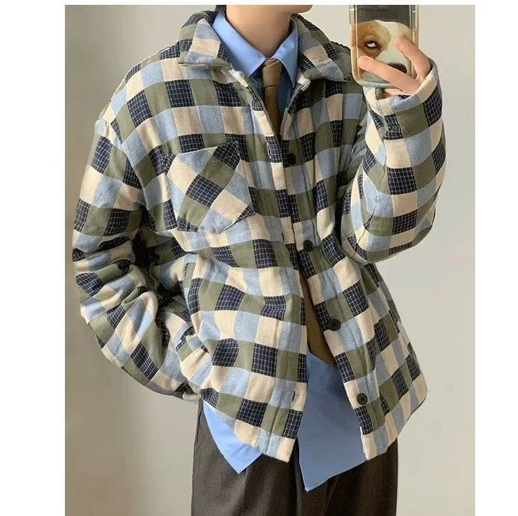 N1063 冬季日系复古贴袋格子休闲棉衣潮流情侣保暖棉服
