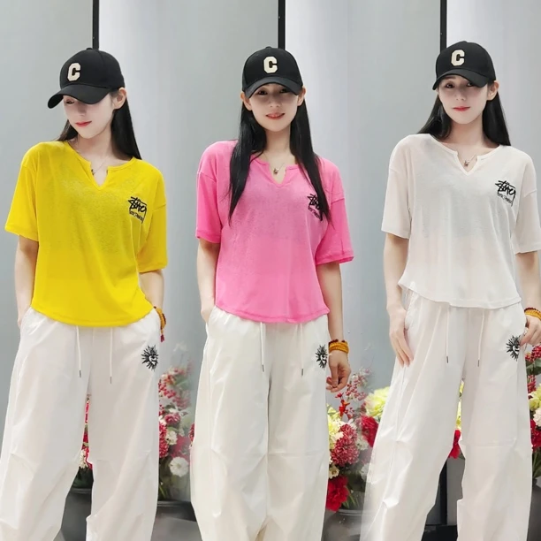 V领刺绣冰感竹节棉衣宽松版3877