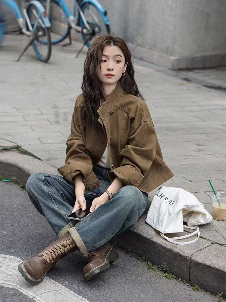 复古咖色牛仔短外套女2025春秋新款设计感宽松立领工装夹克上衣潮