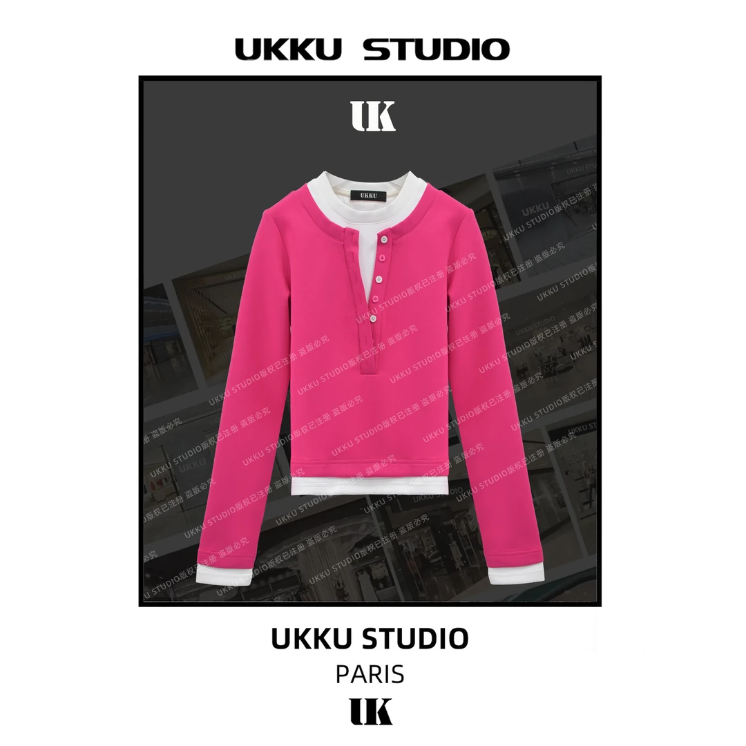 康妮【UKKUSTUDIO】时尚秋冬修身玫红色拼接假两件女款卫衣513165
