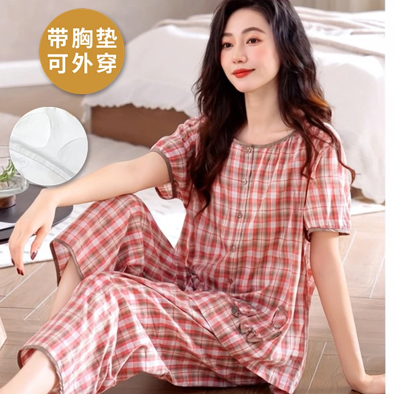 睡衣女带胸垫短袖爆款格子套装2025年夏季新款外穿休闲大码家居服