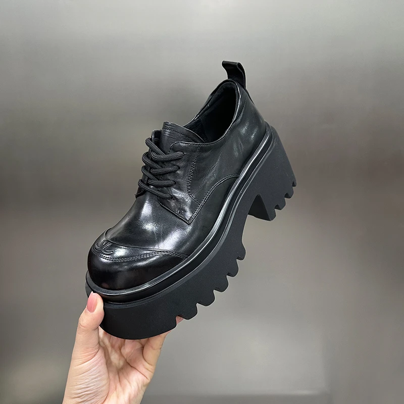 【左右华菲】8cm英伦风显高显瘦厚底乐福鞋2025春季新款胎牛皮单鞋