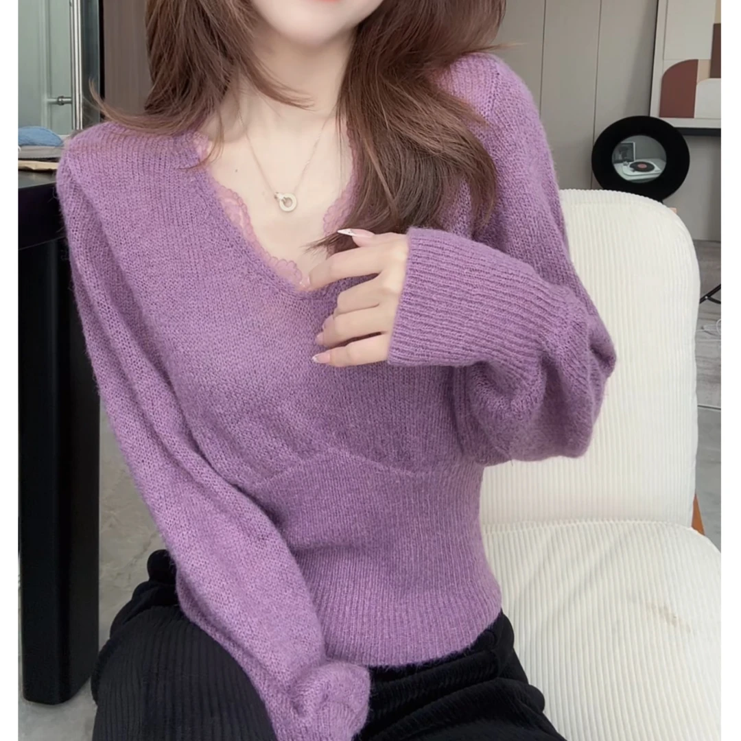 2025韩系洋气性感蕾丝打底小毛衣秋冬时尚气质v领针织打底衫H3-66