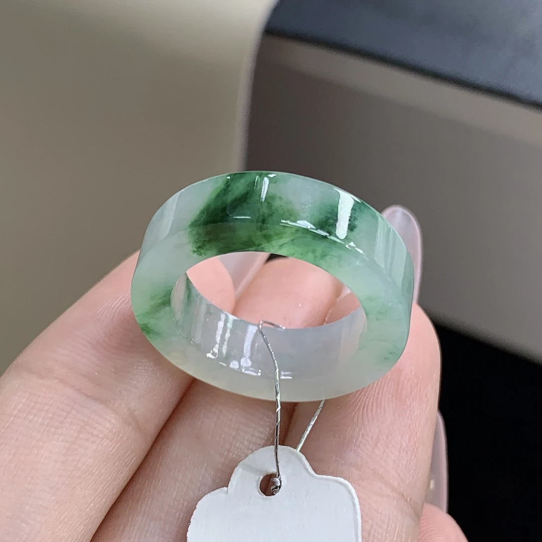 14圈 缅甸天然翡翠 冰辣绿飘花方戒尺寸17.1-6.2-3.9mm