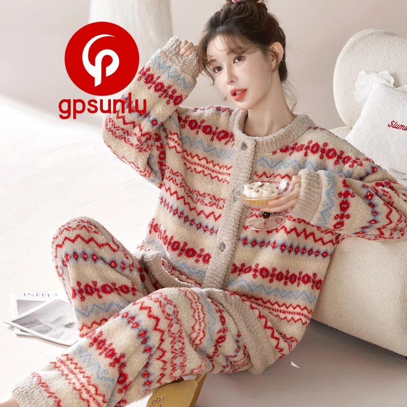 gpsunlu【软糯糯】睡衣女士冬季珊瑚绒加厚加绒秋冬款法兰绒家居服