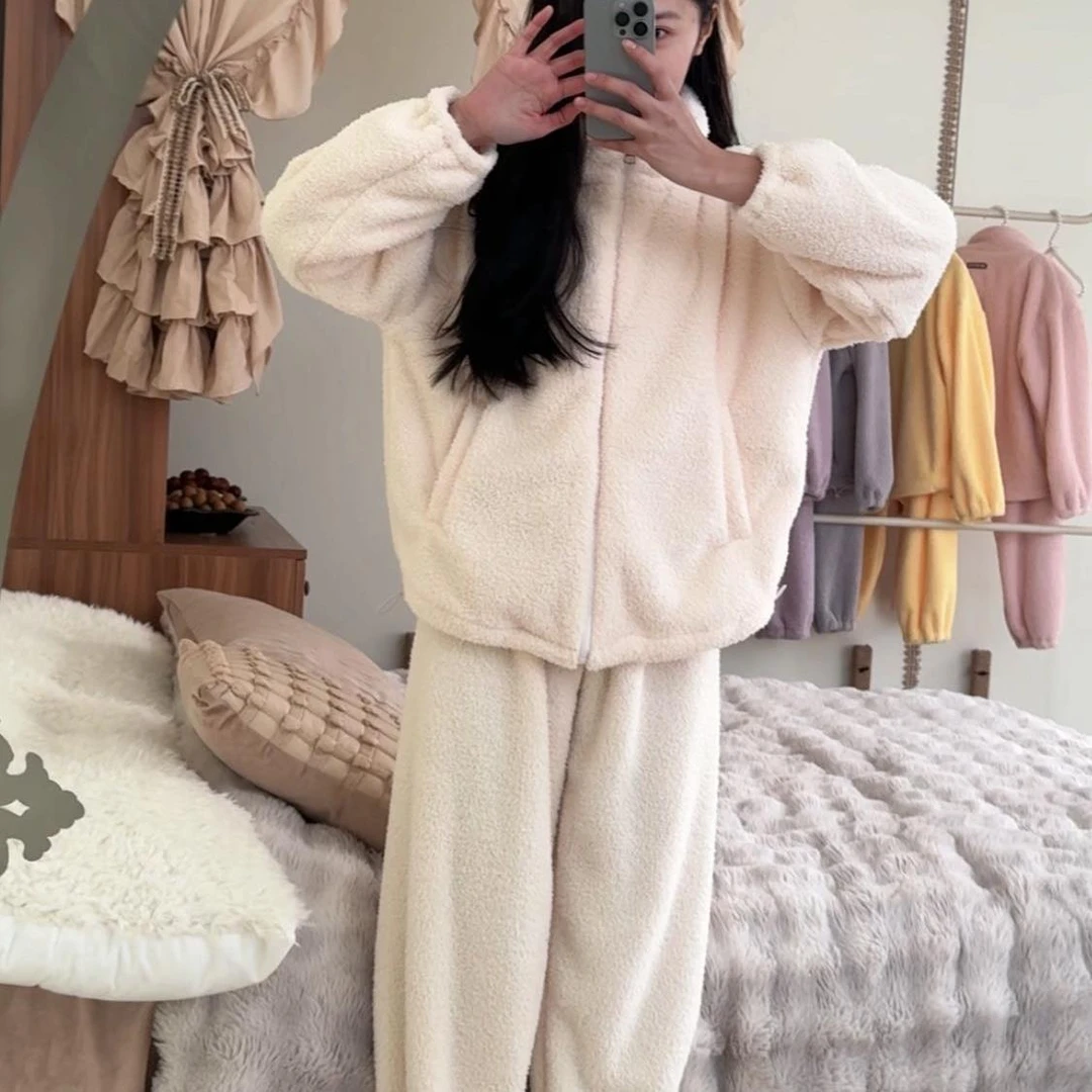 【清】拒绝臃肿高密加绒半边绒睡衣女冬季套装家居服保暖长袖冬
