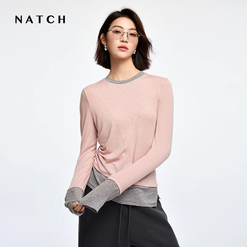 NATCH/南枳天丝羊毛假两件T恤女2025秋季新款设计感上衣收腰显瘦