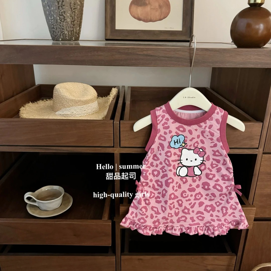 【甜品起司】甜酷粉豹纹！女宝宝夏季时髦可爱kitty蝴蝶结洋气背心裙