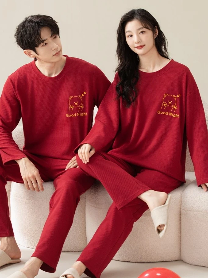 【红色套头多款】华夫格秋冬款套头情侣长袖长裤睡衣套装HMF