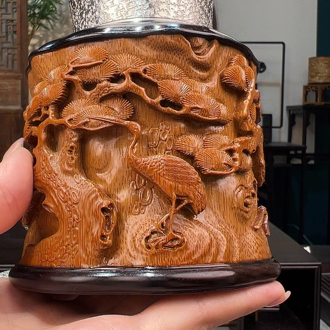 竹深**语竹雕松鹤茶叶罐