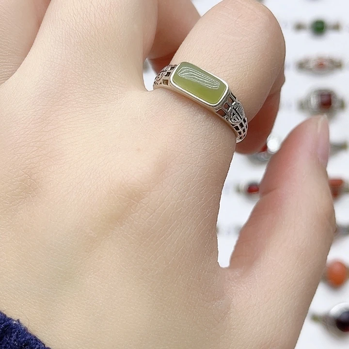 和田玉戒指银S925镶嵌天然