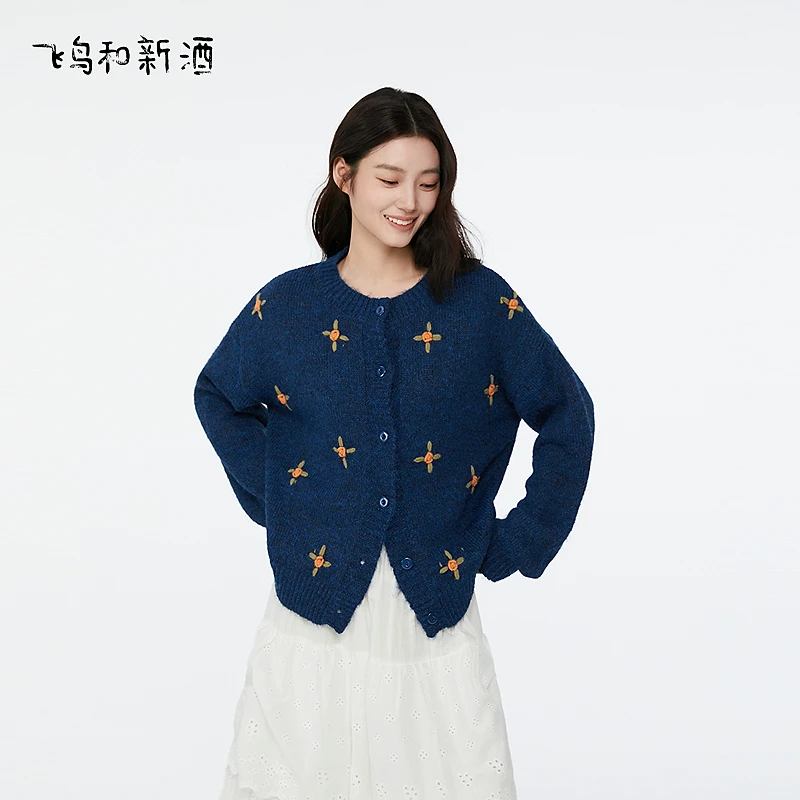 【新】飞鸟和新酒圆领休闲针织衫女秋季宽松显瘦毛衣外套FD55034061
