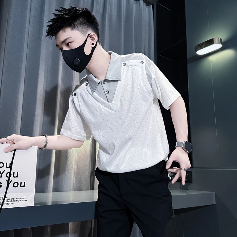 假两件男士POLO衫夏季2025新款潮牌翻领休闲上衣半袖时尚拼接体恤