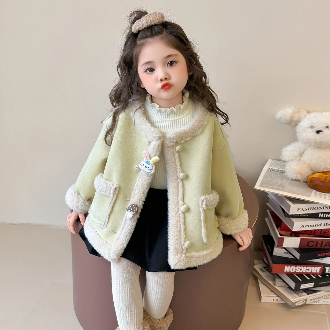 女童加绒外套2025秋冬新款女宝卡通加厚大衣洋气儿童皮毛一体上衣