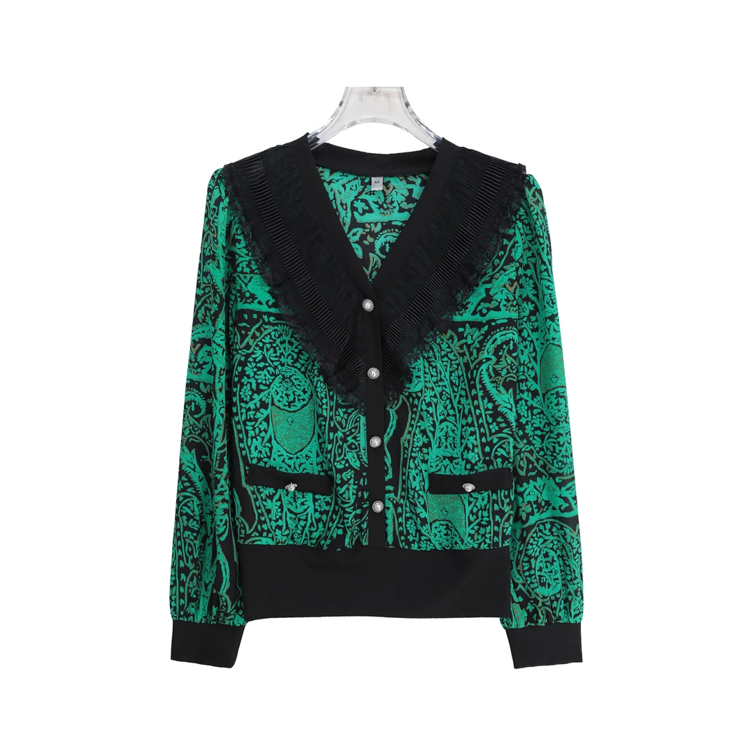 复古港味V领显瘦印花舒适衬衫上衣S3592