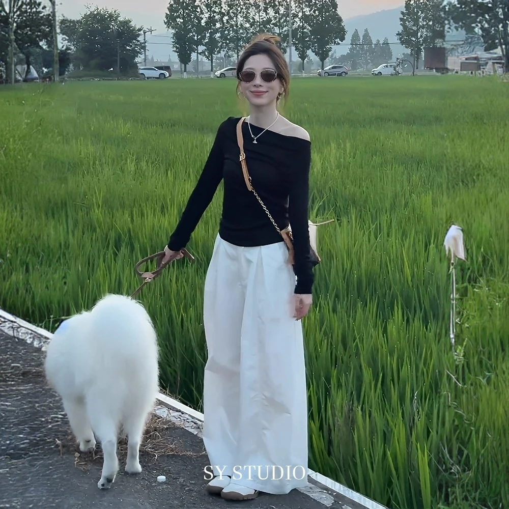 2025流行穿搭一整套高级感韩系斜领露肩T恤女慵懒风休闲裤两件套