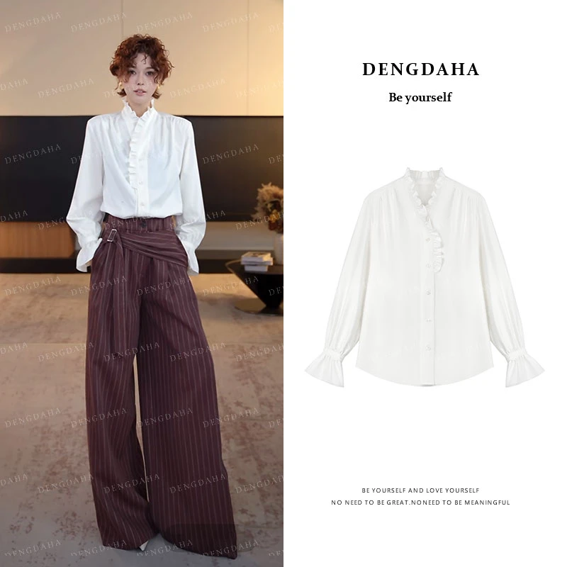 DENGDAHA「春日几何」木耳领法式优雅微喇长袖别致通勤衬衫衣 Q6029