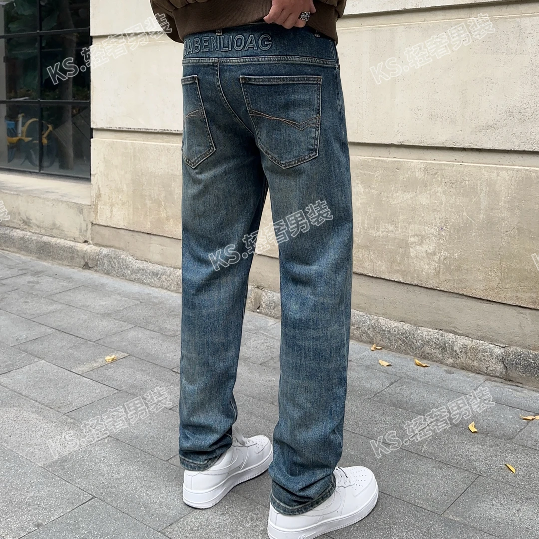 男士黑色百搭水洗黑背面字母印花修身直筒水洗牛仔加绒裤潮流时尚