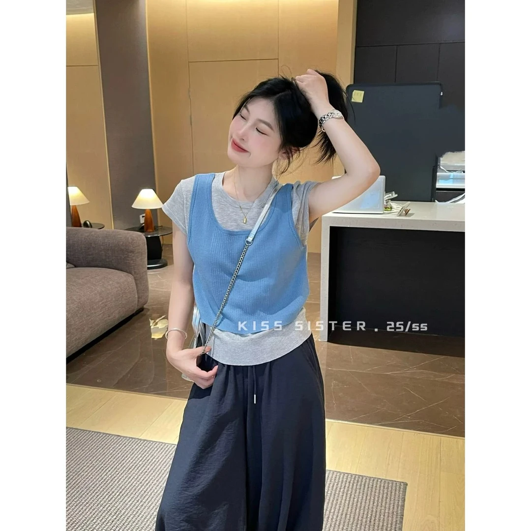 那简家「假两件」韩系chi撞色超好看冰麻假两件设计感上衣