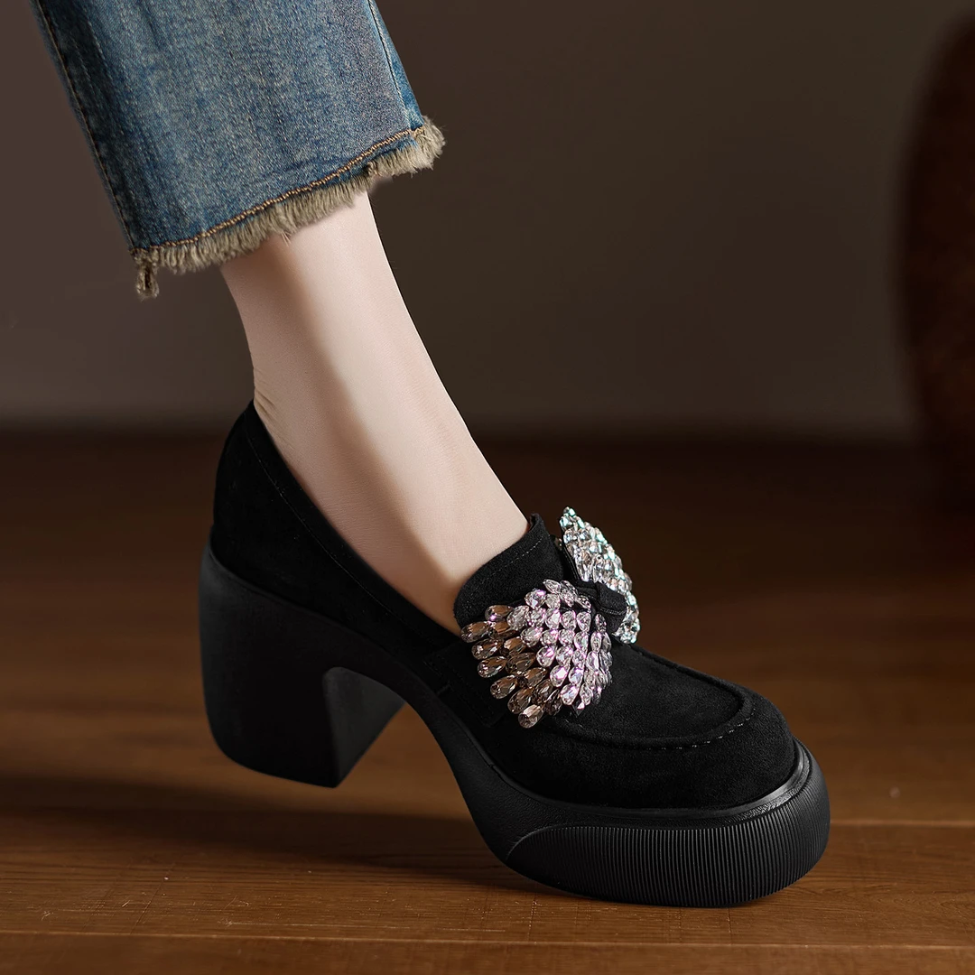 9cm小个子久穿不累脚防水台高跟鞋水钻蝴蝶结一脚蹬乐福鞋小皮鞋