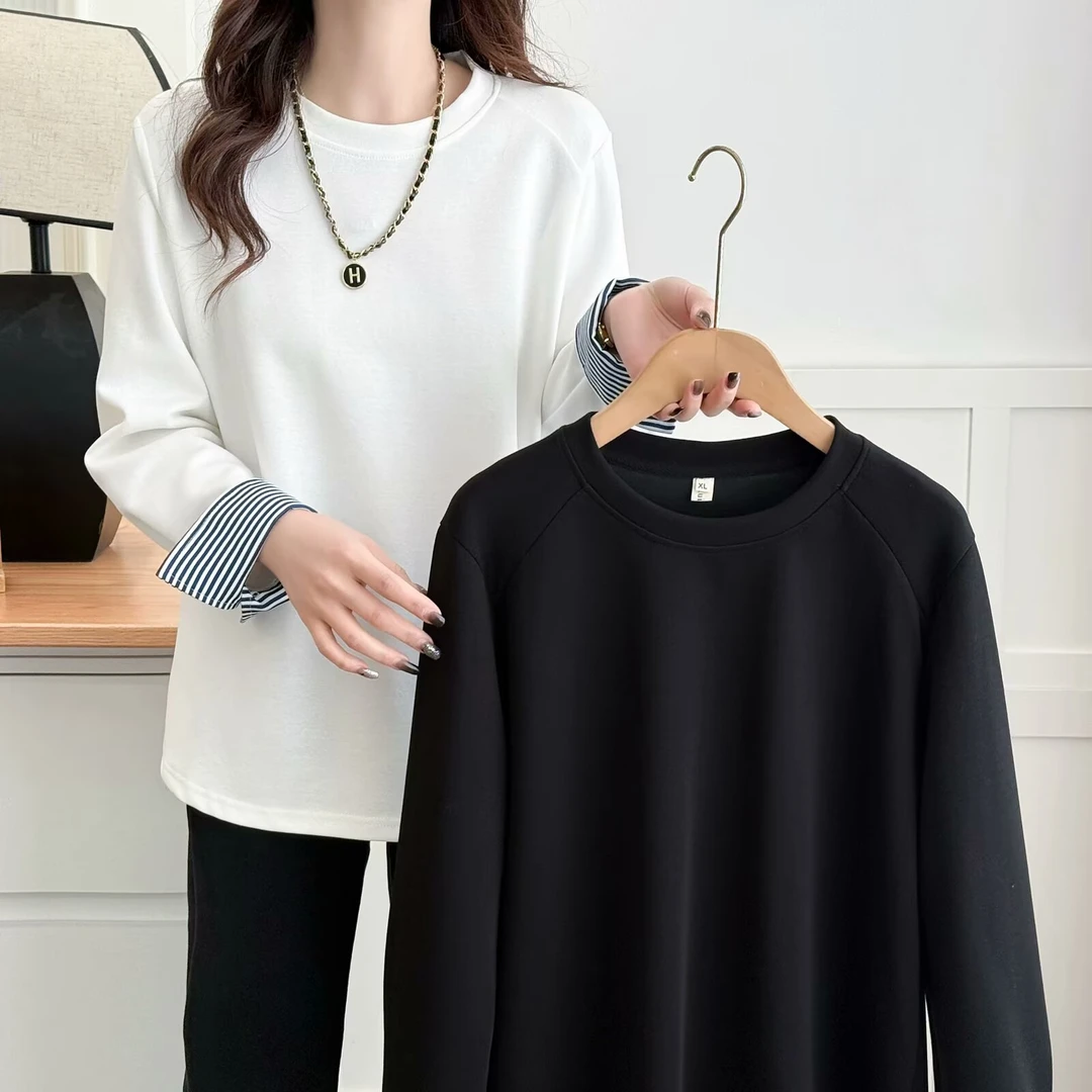 时尚显瘦大码胖mm卫衣圆领拼接袖宽松打底外穿上衣