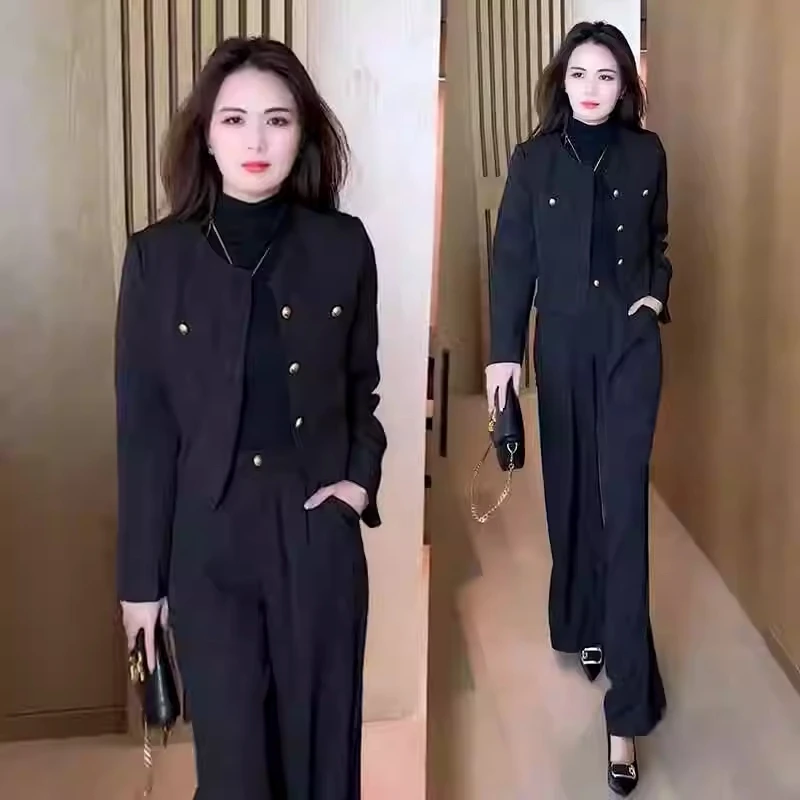 时尚西装套装女秋季时髦气质显瘦高级感职业短款外套阔腿裤两件套