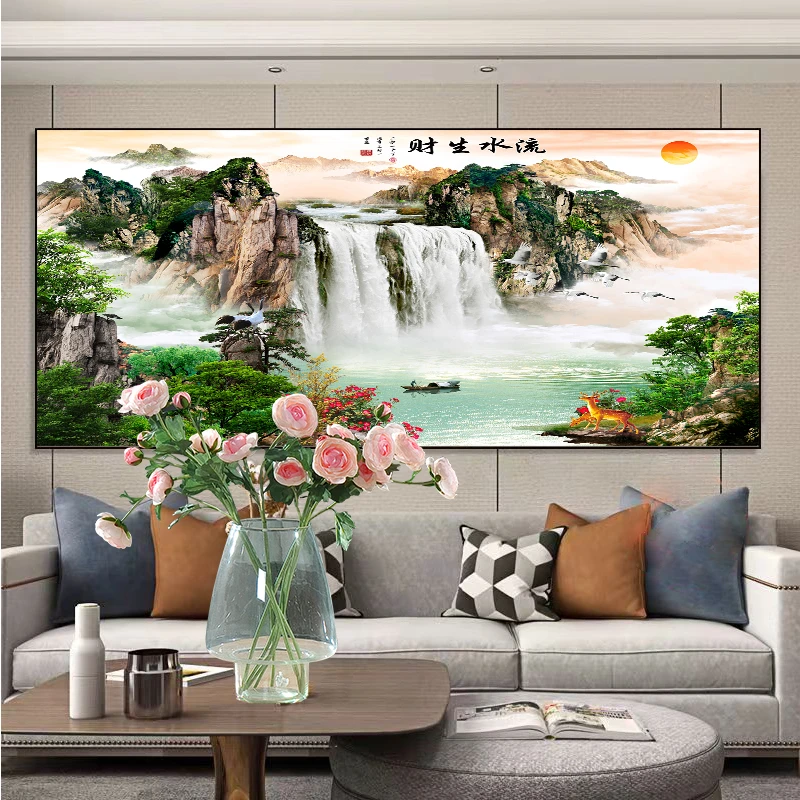 新款钻石画流水生财聚宝盆山水风景画满钻贴魔方圆钻石画卧室客厅