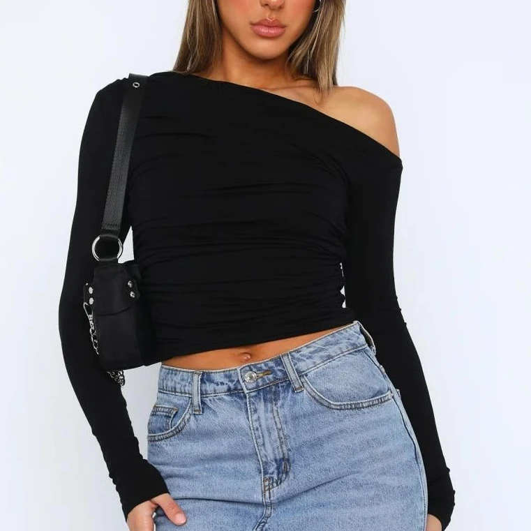 Parthea纯欲风修身长袖一字领纯色紧身打底衫短款上衣显瘦露肩