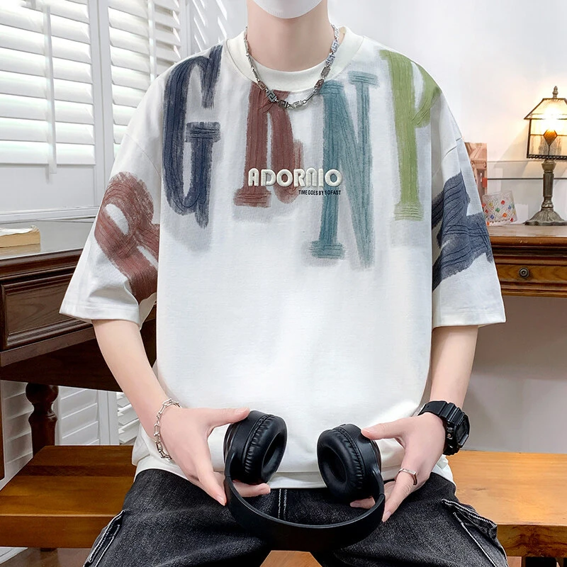 高奢刺绣短袖T恤男生夏季凉感透气棉上衣潮牌阔版圆领百搭宽松
