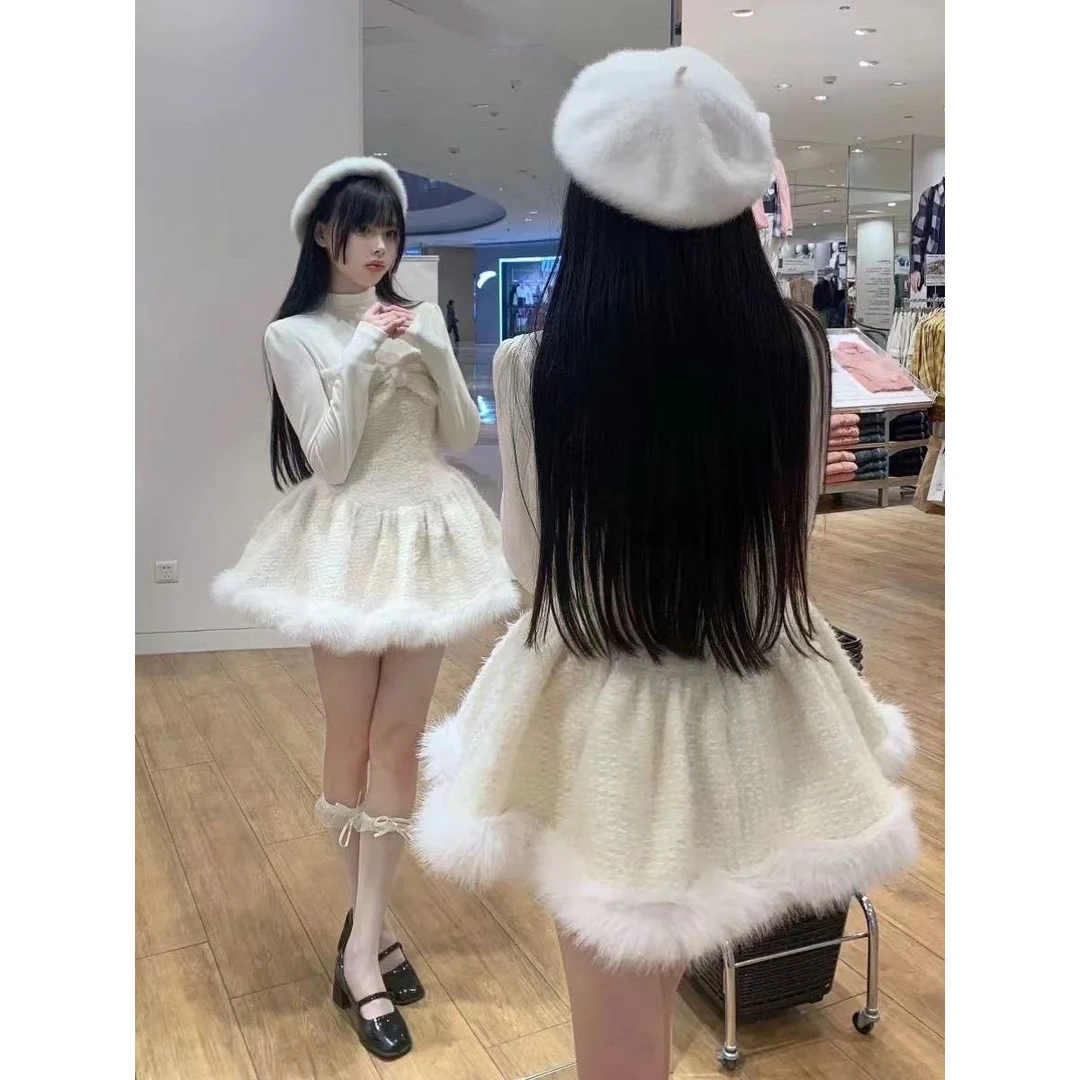 【白雪公主】毛绒连衣裙子女2025冬季新款别致蝴蝶结长袖蓬蓬裙8338