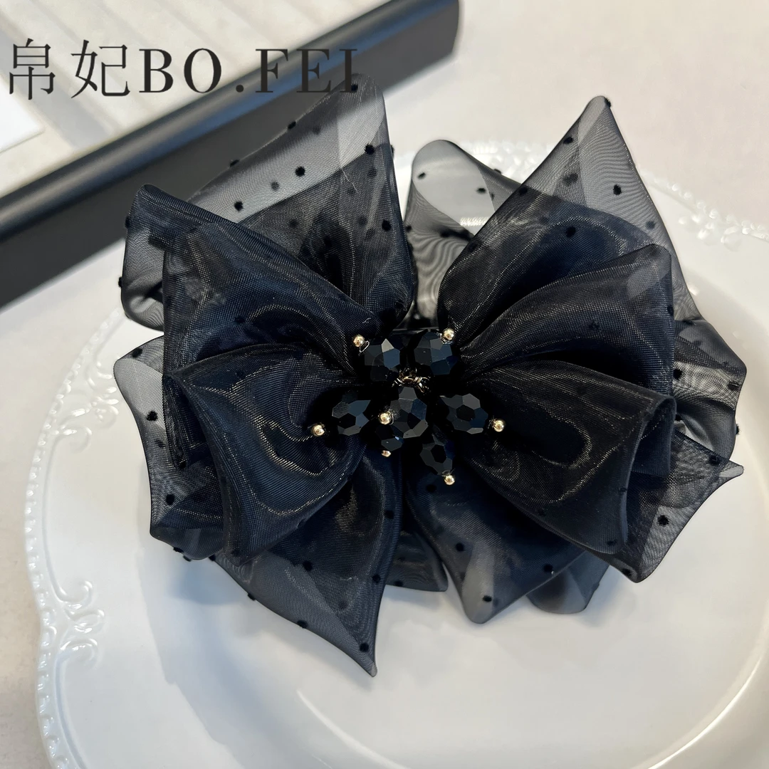 帛妃  设计师高级感丸子头盘发欧根纱波点蝴蝶结丸子夹发饰发夹