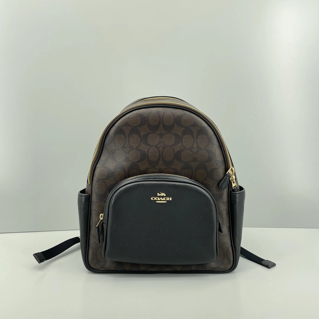 95新 COACH/蔻驰 黑拼老花中号双肩包30*31*11cmE030713