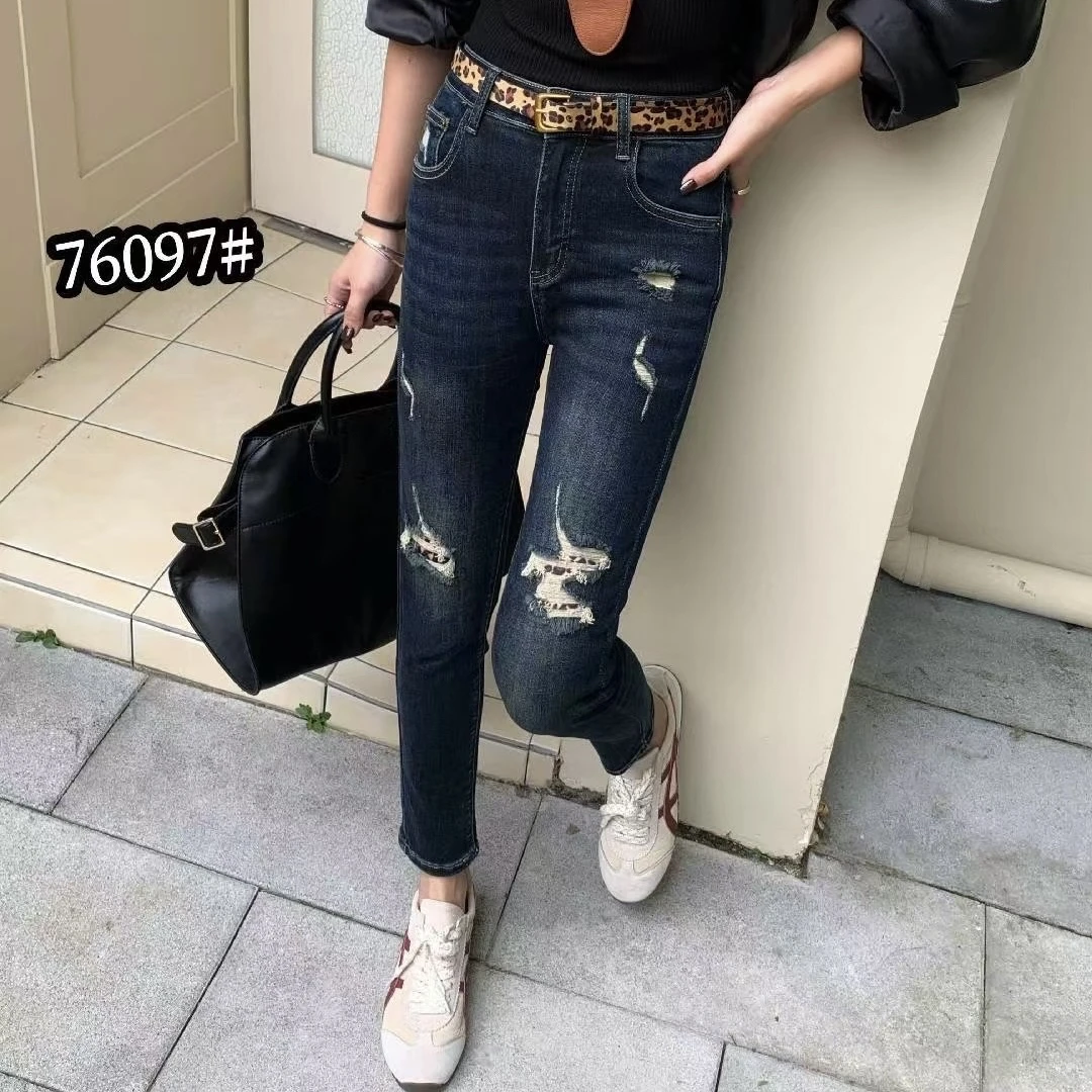 新款小脚牛仔裤76097中高腰假破洞肘尚女装
