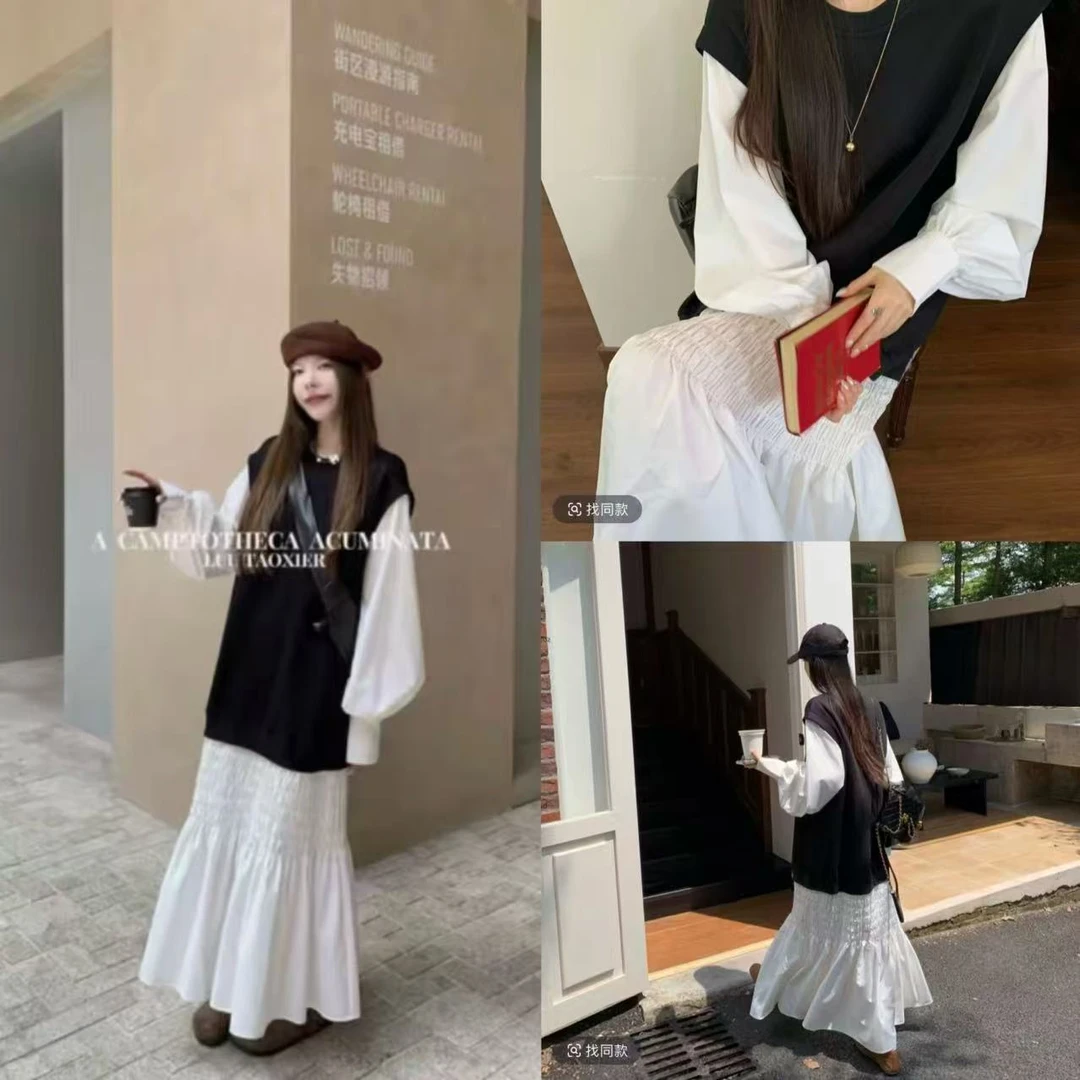 D96676春季新款时尚设计感卫衣拼接假两件连衣裙