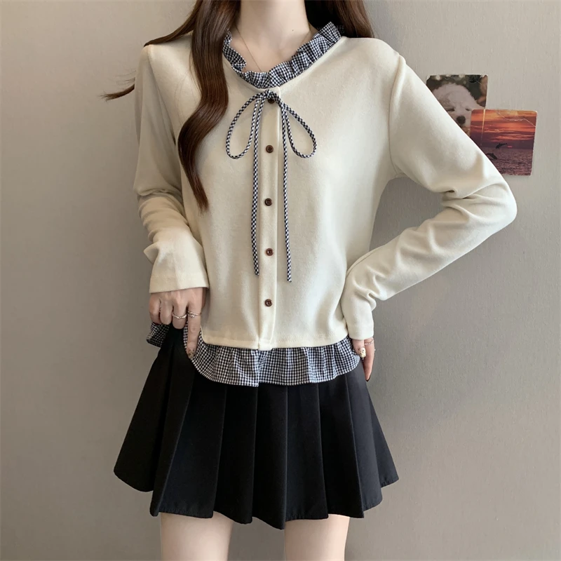 大码秋装遮肚子木耳边拼接V领假两件长袖衬衫女胖MM显瘦别致上衣