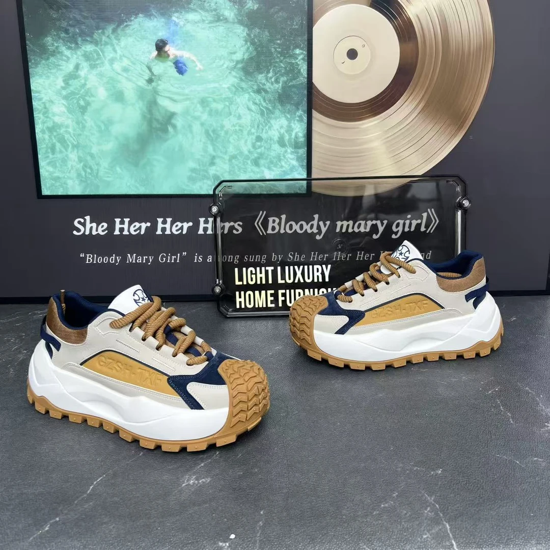 2025年新品潮流爆款百搭增高厚底包头男鞋时尚拼色系带舒适老爹鞋