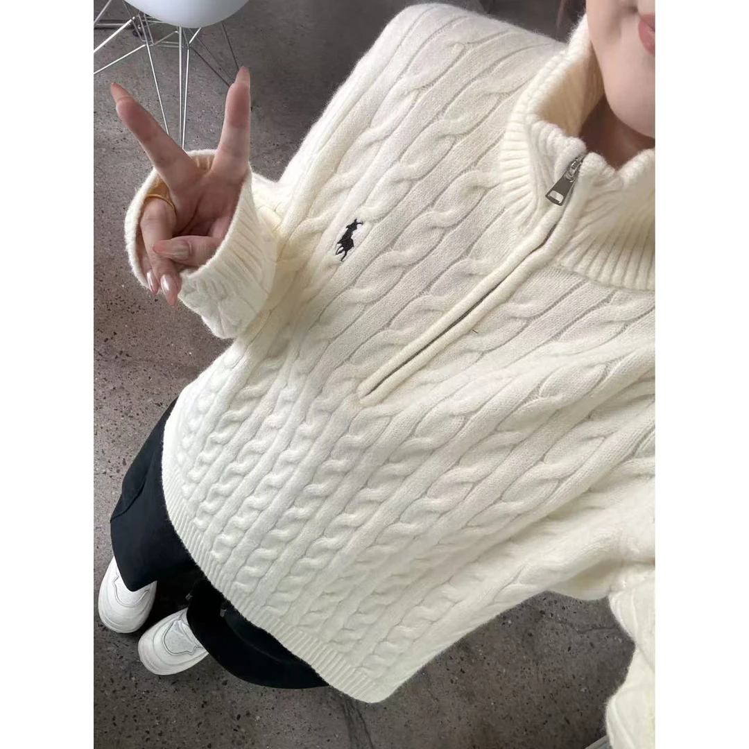 晶咕佳佳【零度苏打】纯色麻花半拉链立领毛衣针织时尚休闲百搭