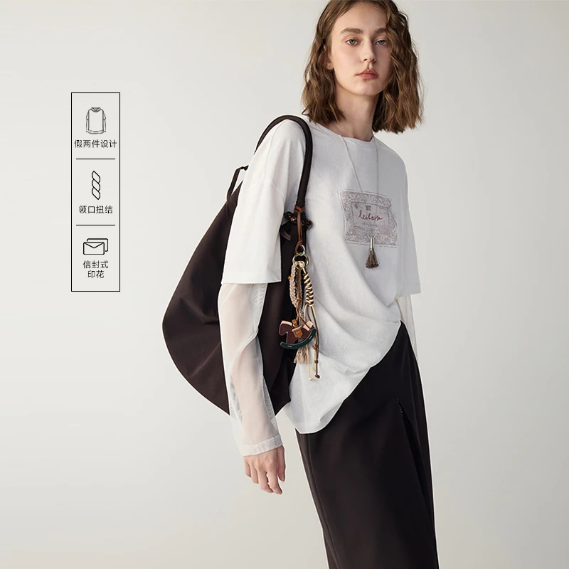 MSLAN解构拼接假两件印花扭结圆领百搭松弛T恤25早秋新款MHCT324