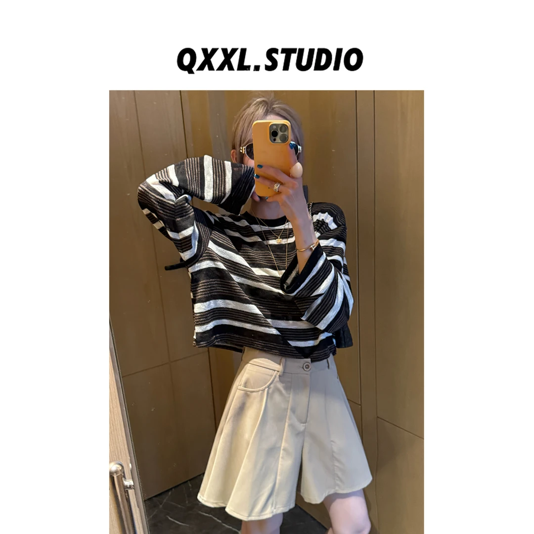 邱小小丽呀 早秋韩版条纹圆领长袖罩衫百搭显瘦时尚轻薄T恤上衣