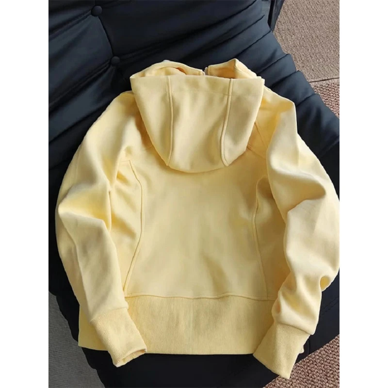 奶黄色休闲衣服女慵懒风春季百搭纯色大码拉链开衫运动连帽卫衣