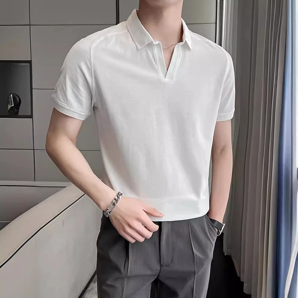 宽松型短袖polo衫男潮牌V领衣服高级感商务男装潮流夏季薄款冰丝